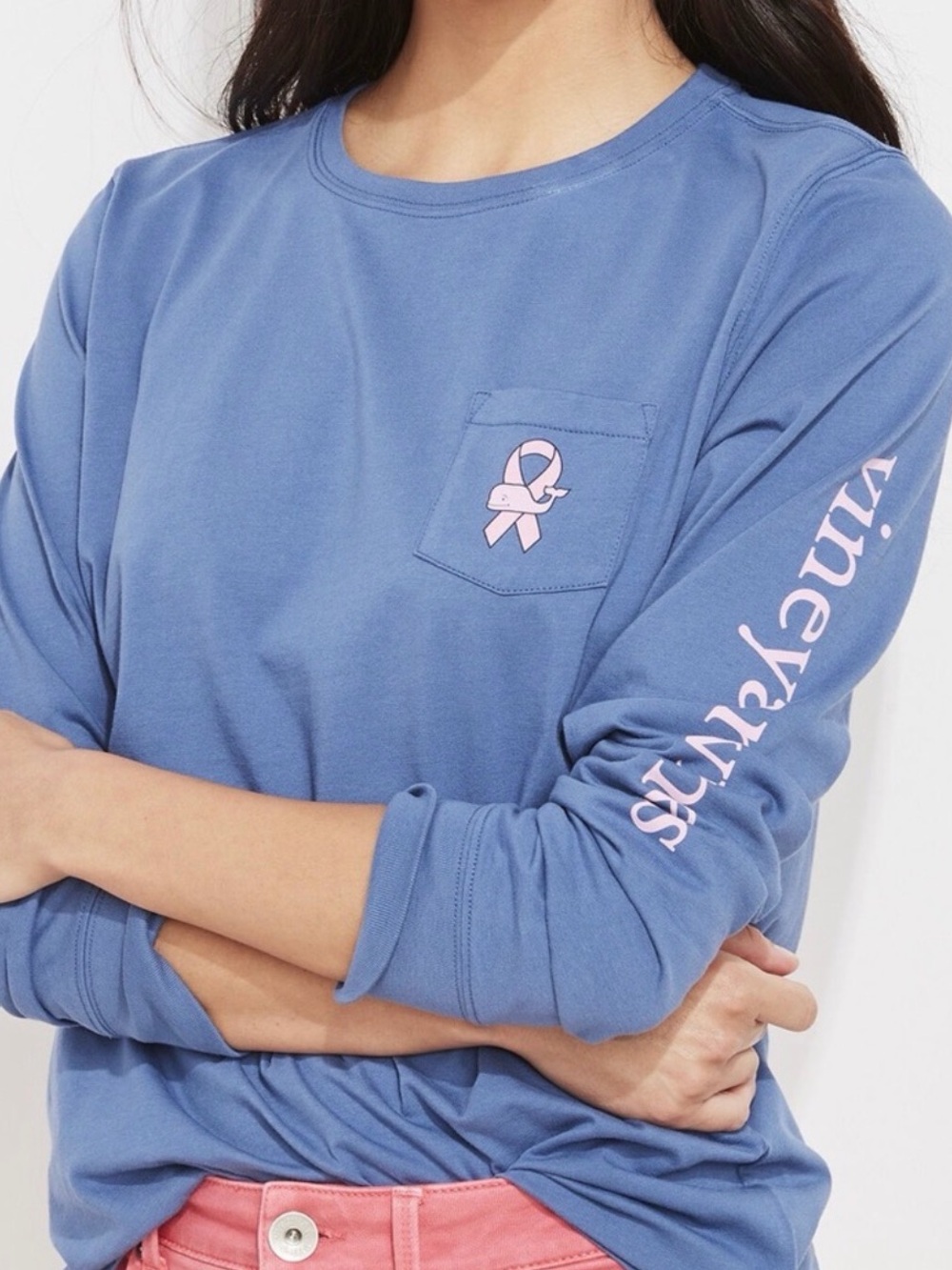 Vineyard Vines Blue Long Sleeve Pocket Tee with Pink breast cancer awareness